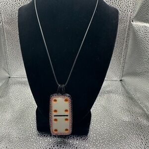 Domino with Glass Beaded Bezel Pendant Necklace with Black Chain
